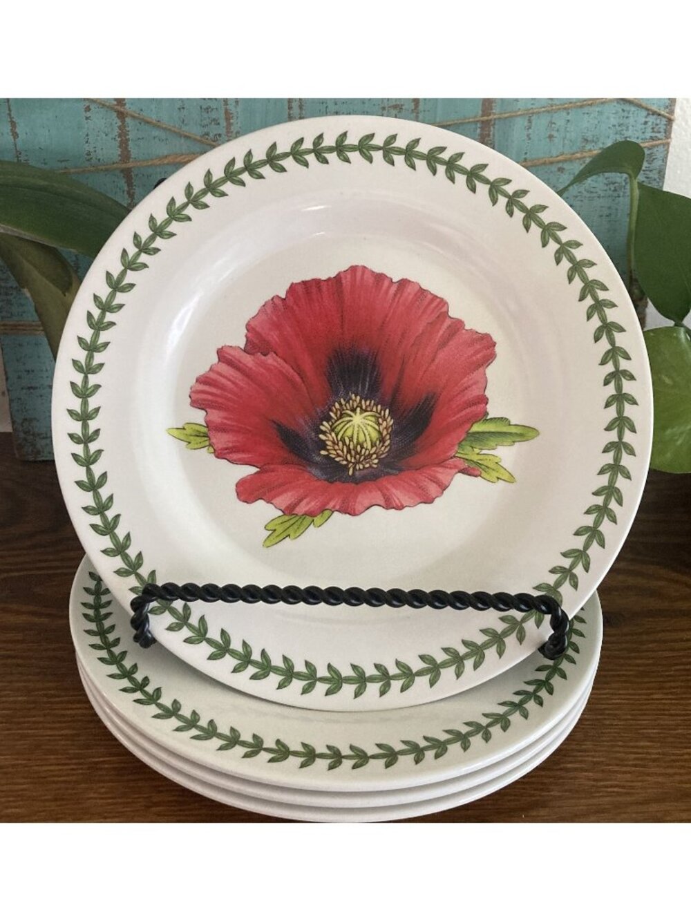 Portmeirion Botanic Garden Red Poppy Set 4 Melamine Salad Dessert Plate